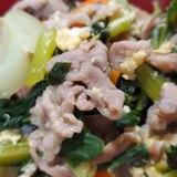 小松菜とチンゲン菜と卵の豚肉オイスター炒め